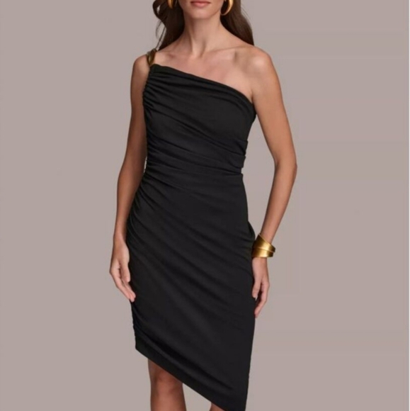 Donna Karan New York Women's Black Asymmetrical Lined Ruched Midi Dress Size 4 - Picture 2 of 7